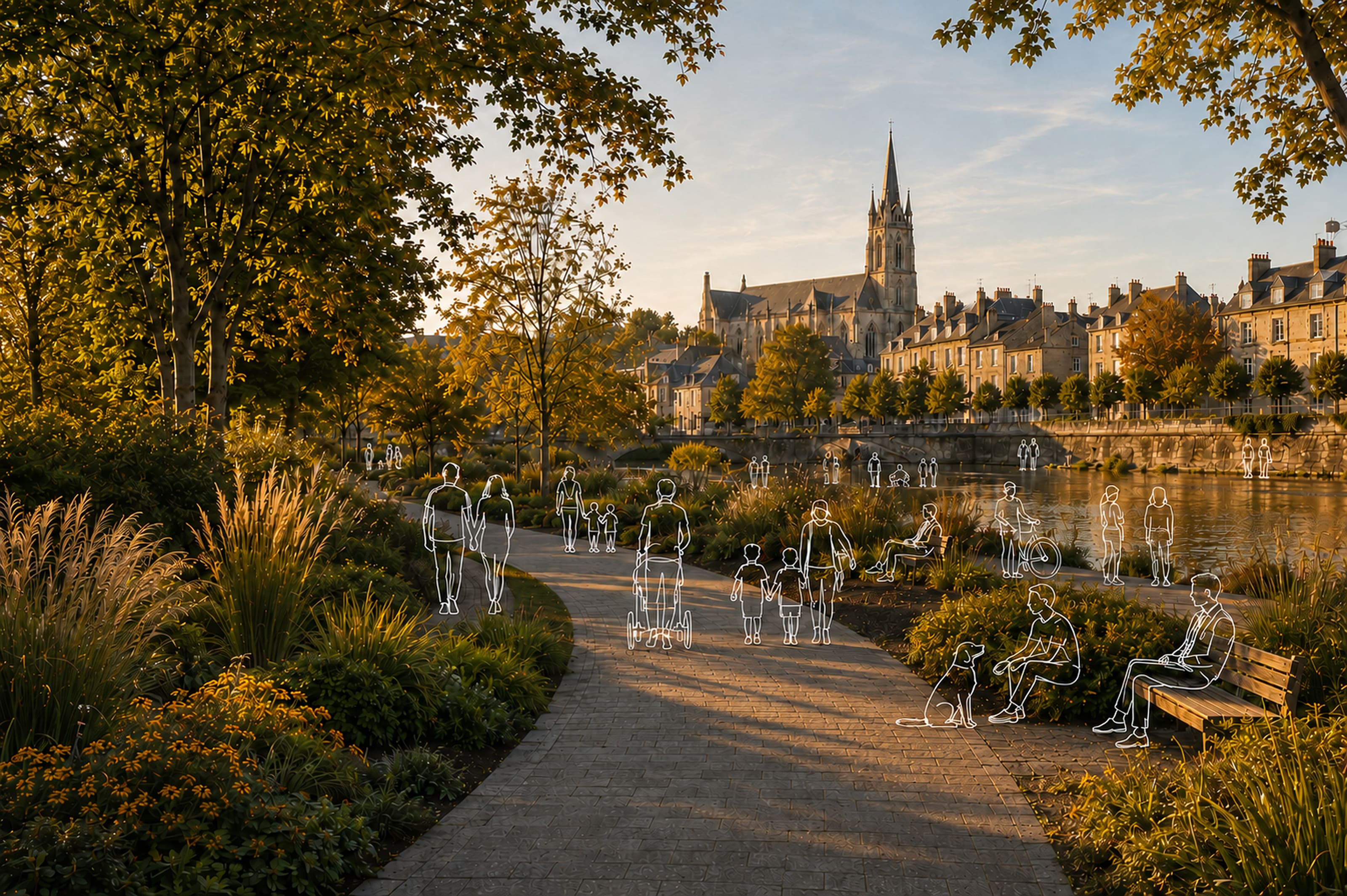 Parc fluvial d'une ville française au crépuscule, promeneurs dessinés au trait blanc